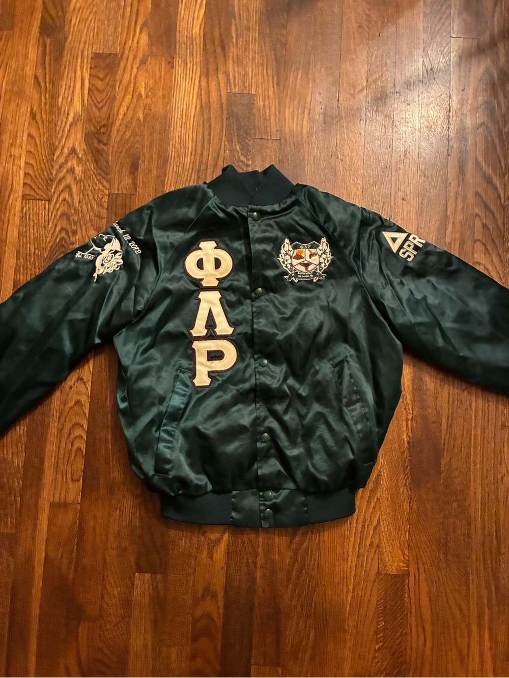 Green Satin Greek Letter Bomber Jacket with Embroidered Patches
